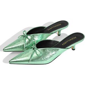RONILURN Kitten Heel Green Faux Leather Women Pumps Bow Closed Toe Pointed Toe